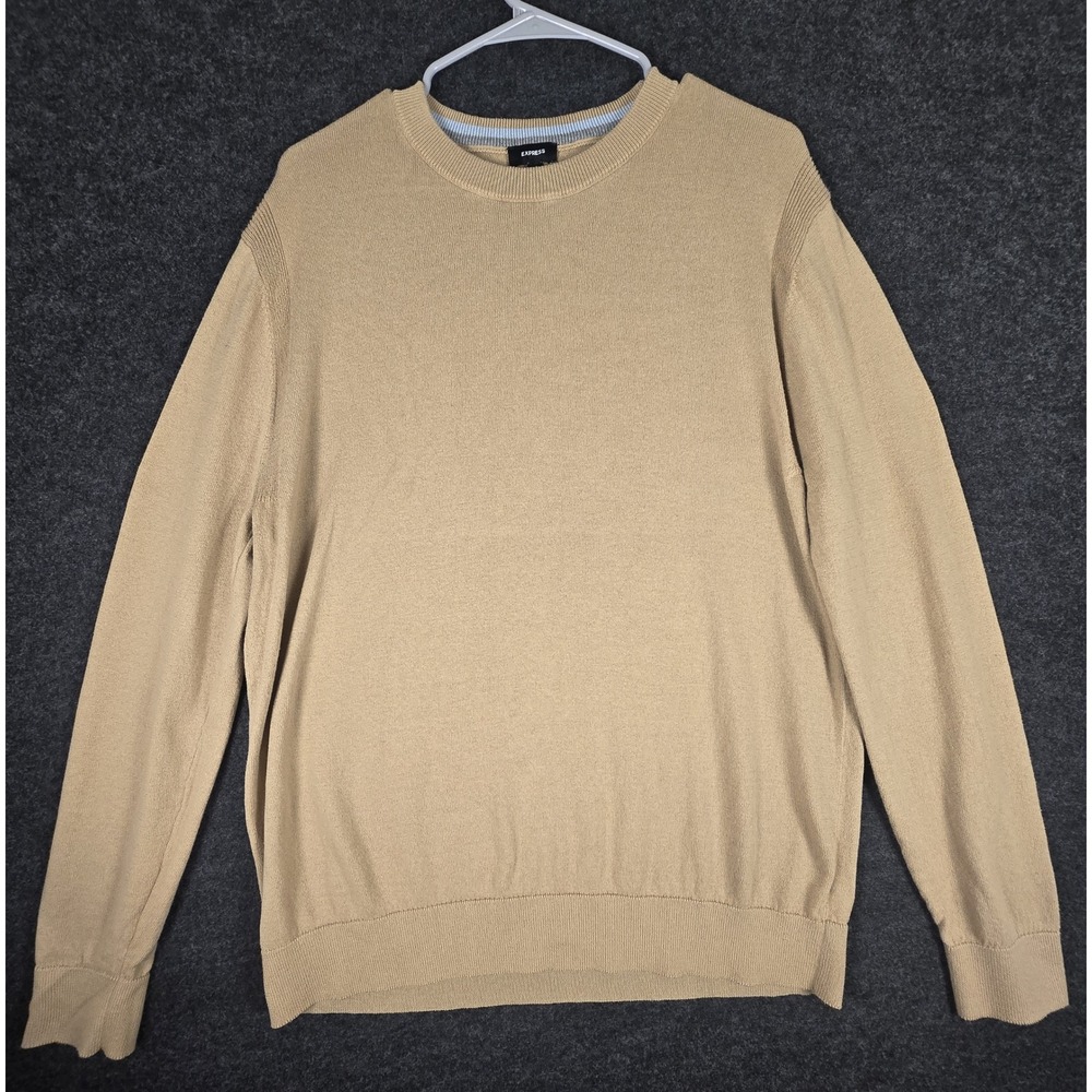 Express Mens Tan Crew Neck Long Sleeve Sweater Size L Cotton Blend